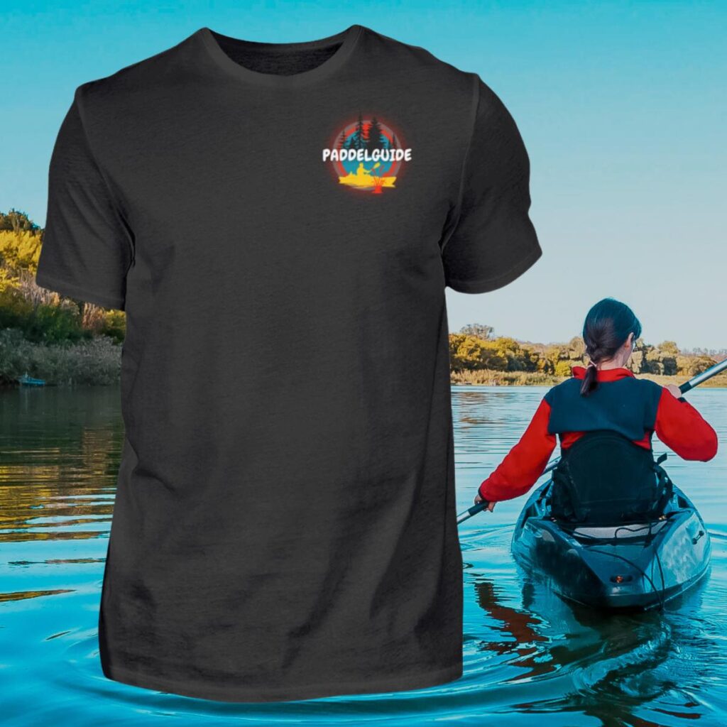 Schwarzes PaddelGuide T-Shirt mit kleinem Logo auf der linken Brustseite