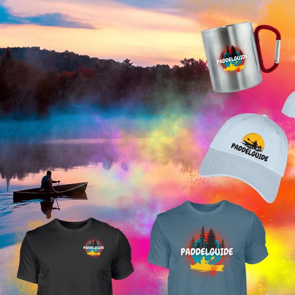 PaddelGuide Kollektion T-Shirts, Cap und Edelstahltasse vor farbenfrohem Sonnenuntergang am See